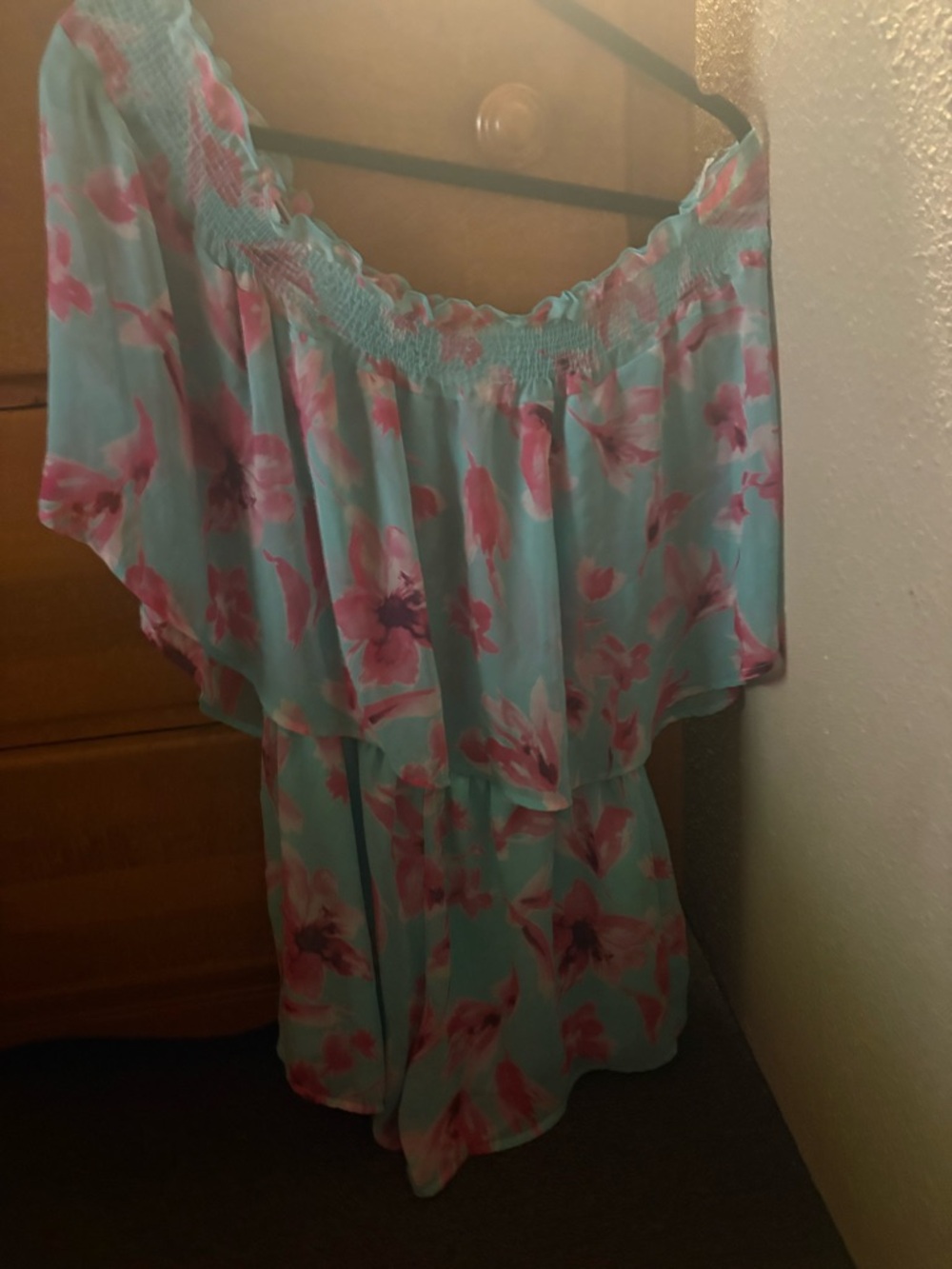 Peach Love California Teal Romper with Pink Floral Accents